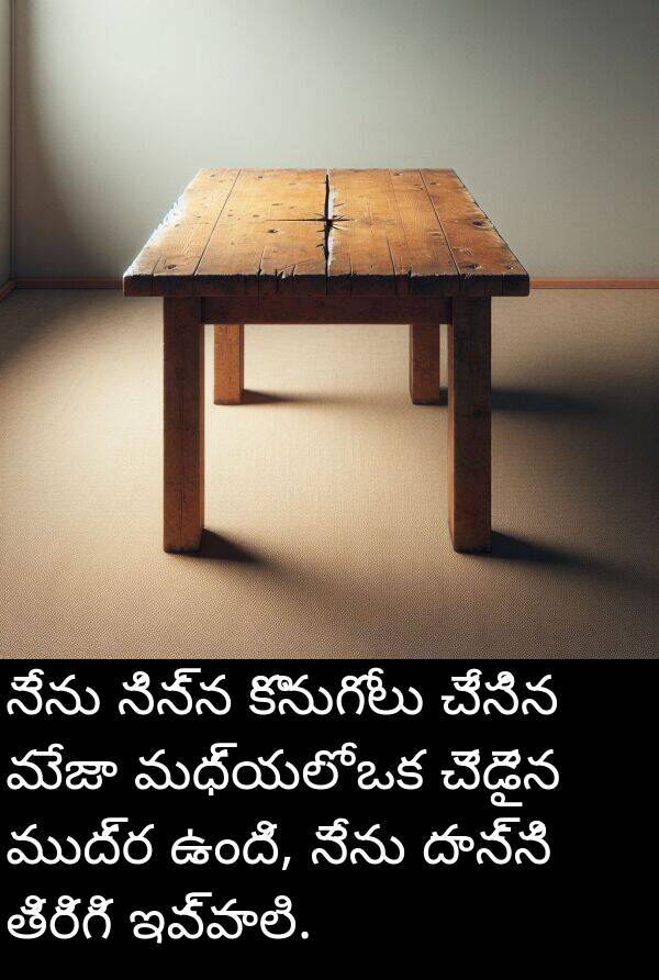 మధ్యలో: నేను నిన్న కొనుగోలు చేసిన మేజా మధ్యలో ఒక చెడైన ముద్ర ఉంది, నేను దాన్ని తిరిగి ఇవ్వాలి.