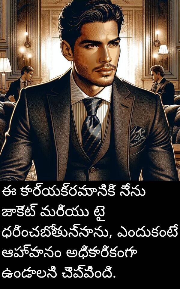 జాకెట్: ఈ కార్యక్రమానికి నేను జాకెట్ మరియు టై ధరించబోతున్నాను, ఎందుకంటే ఆహ్వానం అధికారికంగా ఉండాలని చెప్పింది.