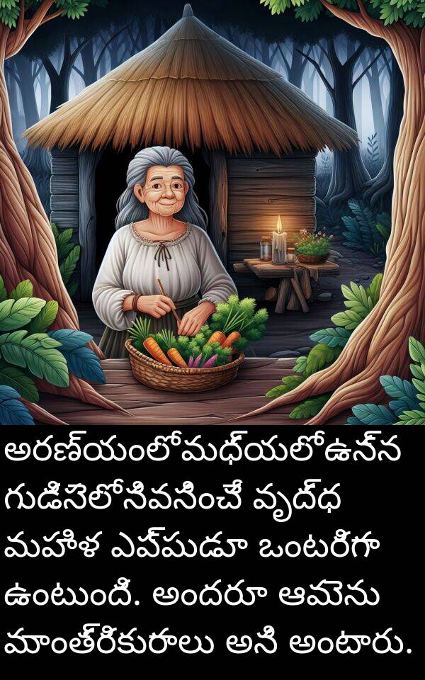 గుడిసెలో: అరణ్యంలో మధ్యలో ఉన్న గుడిసెలో నివసించే వృద్ధ మహిళ ఎప్పుడూ ఒంటరిగా ఉంటుంది. అందరూ ఆమెను మాంత్రికురాలు అని అంటారు.