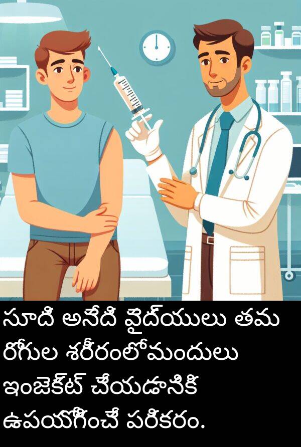శరీరంలో: సూది అనేది వైద్యులు తమ రోగుల శరీరంలో మందులు ఇంజెక్ట్ చేయడానికి ఉపయోగించే పరికరం.