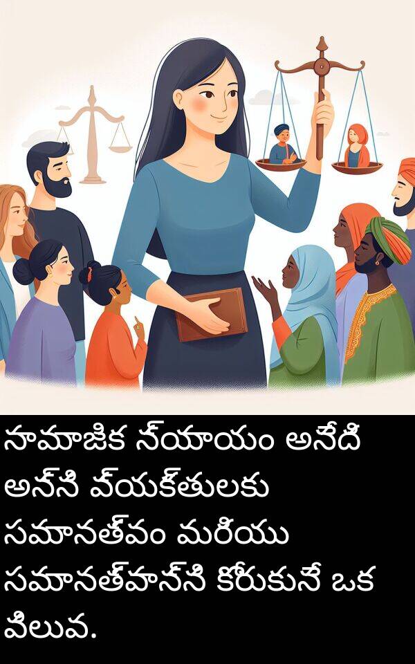 కోరుకునే: సామాజిక న్యాయం అనేది అన్ని వ్యక్తులకు సమానత్వం మరియు సమానత్వాన్ని కోరుకునే ఒక విలువ.