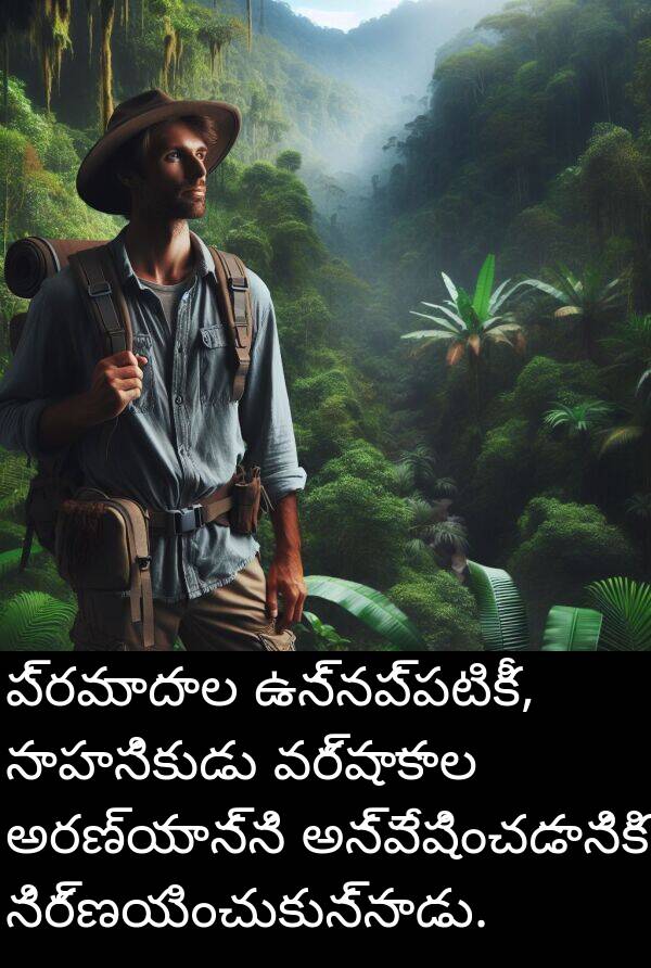 వర్షాకాల: ప్రమాదాల ఉన్నప్పటికీ, సాహసికుడు వర్షాకాల అరణ్యాన్ని అన్వేషించడానికి నిర్ణయించుకున్నాడు.