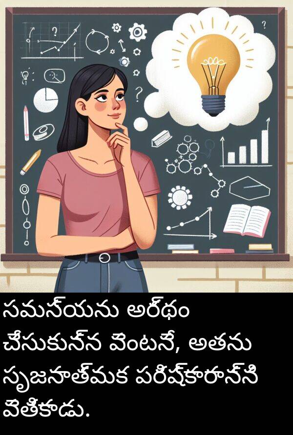 పరిష్కారాన్ని: సమస్యను అర్థం చేసుకున్న వెంటనే, అతను సృజనాత్మక పరిష్కారాన్ని వెతికాడు.