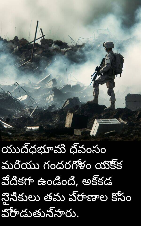 యుద్ధభూమి: యుద్ధభూమి ధ్వంసం మరియు గందరగోళం యొక్క వేదికగా ఉండింది, అక్కడ సైనికులు తమ ప్రాణాల కోసం పోరాడుతున్నారు.