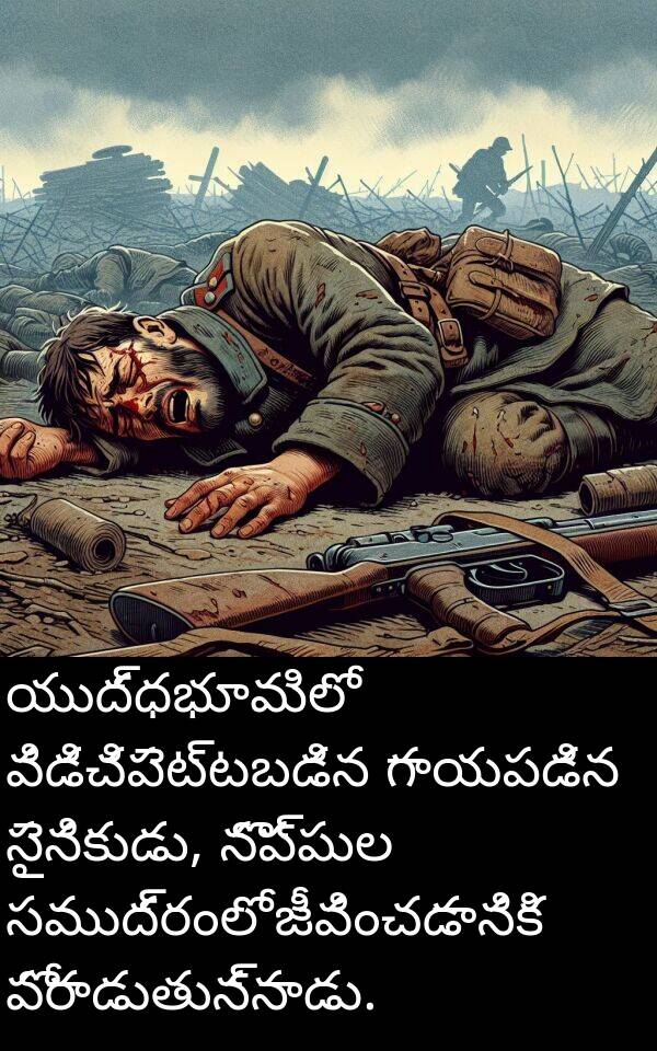 జీవించడానికి: యుద్ధభూమిలో విడిచిపెట్టబడిన గాయపడిన సైనికుడు, నొప్పుల సముద్రంలో జీవించడానికి పోరాడుతున్నాడు.