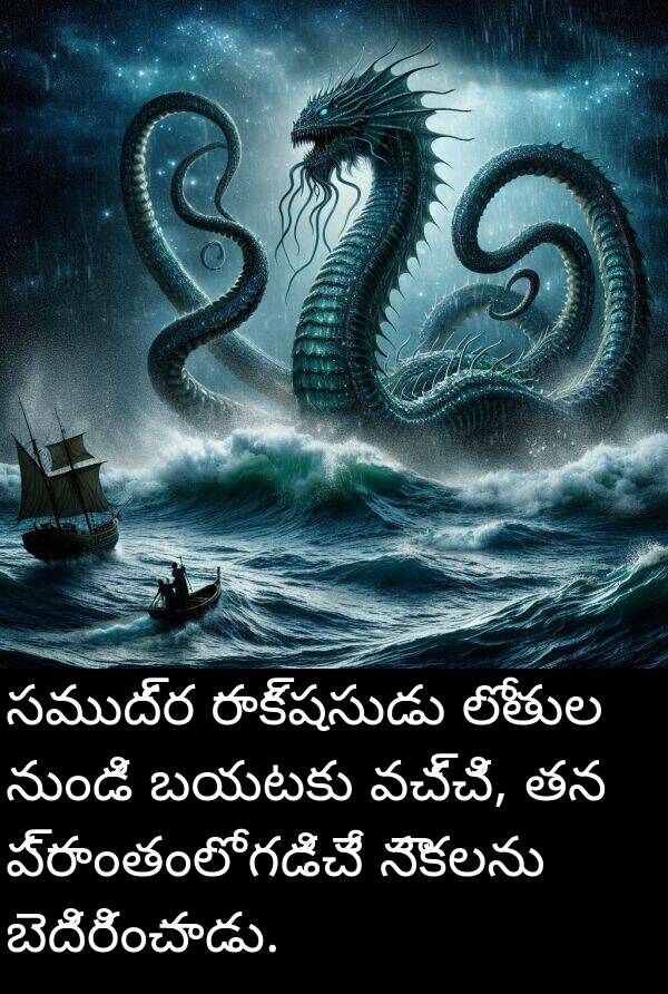 బెదిరించాడు: సముద్ర రాక్షసుడు లోతుల నుండి బయటకు వచ్చి, తన ప్రాంతంలో గడిచే నౌకలను బెదిరించాడు.