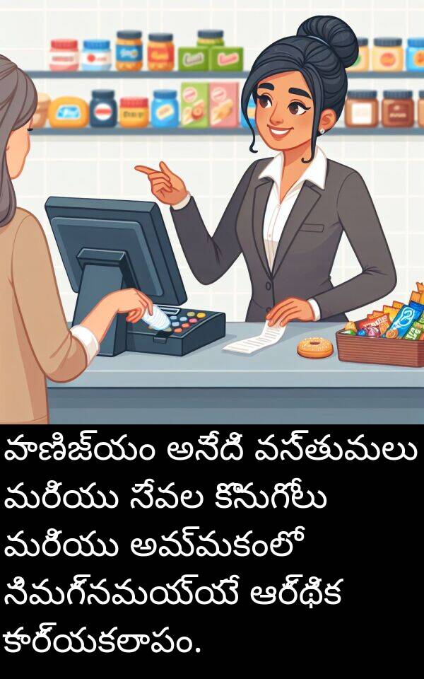 వస్తువులు: వాణిజ్యం అనేది వస్తువులు మరియు సేవల కొనుగోలు మరియు అమ్మకంలో నిమగ్నమయ్యే ఆర్థిక కార్యకలాపం.