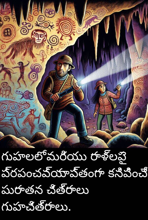 రాళ్లపై: గుహలలో మరియు రాళ్లపై ప్రపంచవ్యాప్తంగా కనిపించే పురాతన చిత్రాలు గుహచిత్రాలు.