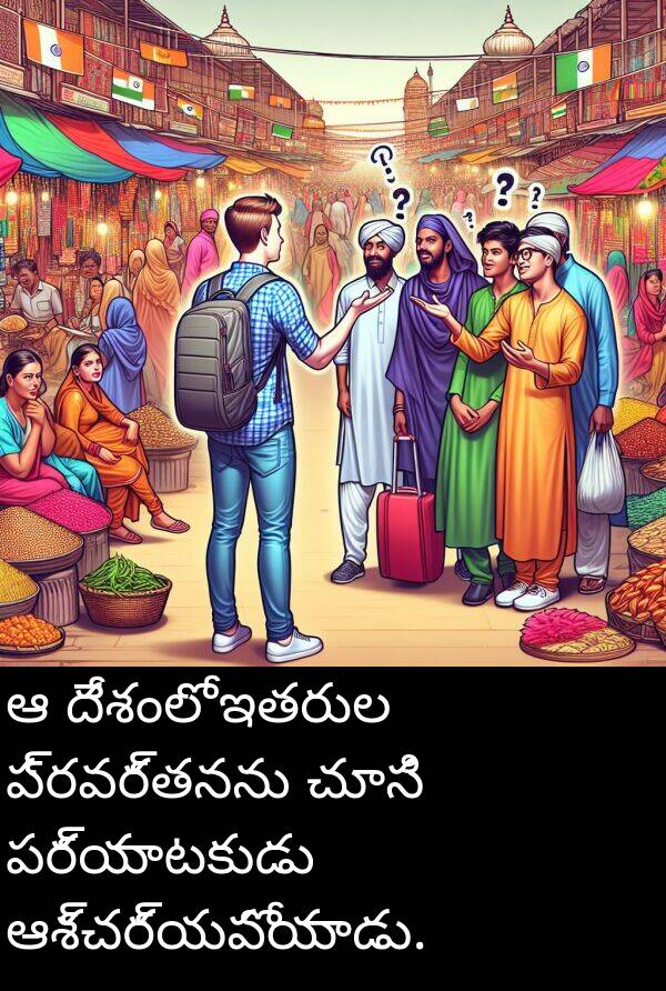 పర్యాటకుడు: ఆ దేశంలో ఇతరుల ప్రవర్తనను చూసి పర్యాటకుడు ఆశ్చర్యపోయాడు.