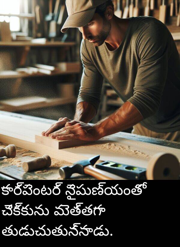 కార్పెంటర్: కార్పెంటర్ నైపుణ్యంతో చెక్కును మెత్తగా తుడుచుతున్నాడు.