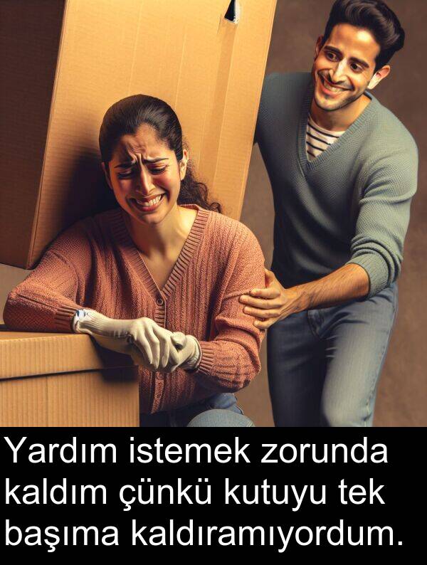 kaldım: Yardım istemek zorunda kaldım çünkü kutuyu tek başıma kaldıramıyordum.