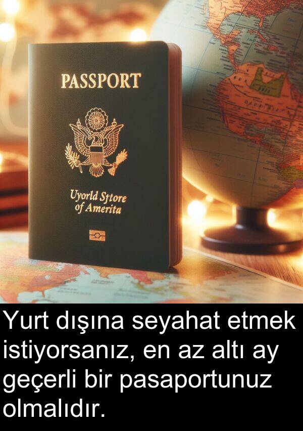 altı: Yurt dışına seyahat etmek istiyorsanız, en az altı ay geçerli bir pasaportunuz olmalıdır.