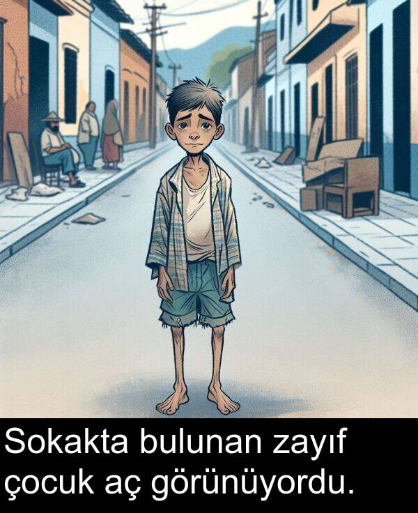 zayıf: Sokakta bulunan zayıf çocuk aç görünüyordu.