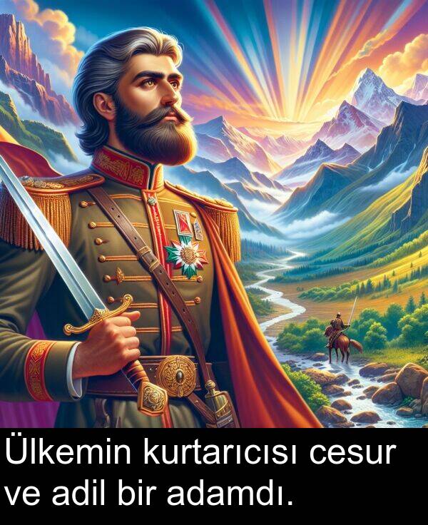 adil: Ülkemin kurtarıcısı cesur ve adil bir adamdı.