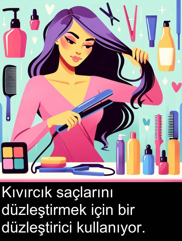 kullanıyor: Kıvırcık saçlarını düzleştirmek için bir düzleştirici kullanıyor.