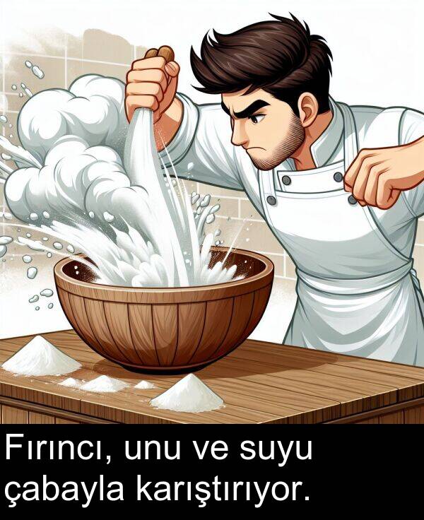 unu: Fırıncı, unu ve suyu çabayla karıştırıyor.