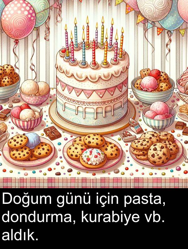 vb: Doğum günü için pasta, dondurma, kurabiye vb. aldık.