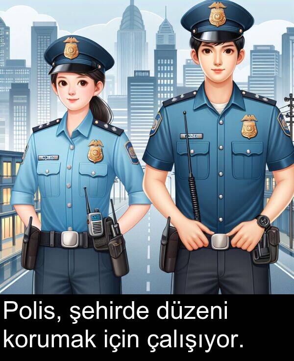 çalışıyor: Polis, şehirde düzeni korumak için çalışıyor.