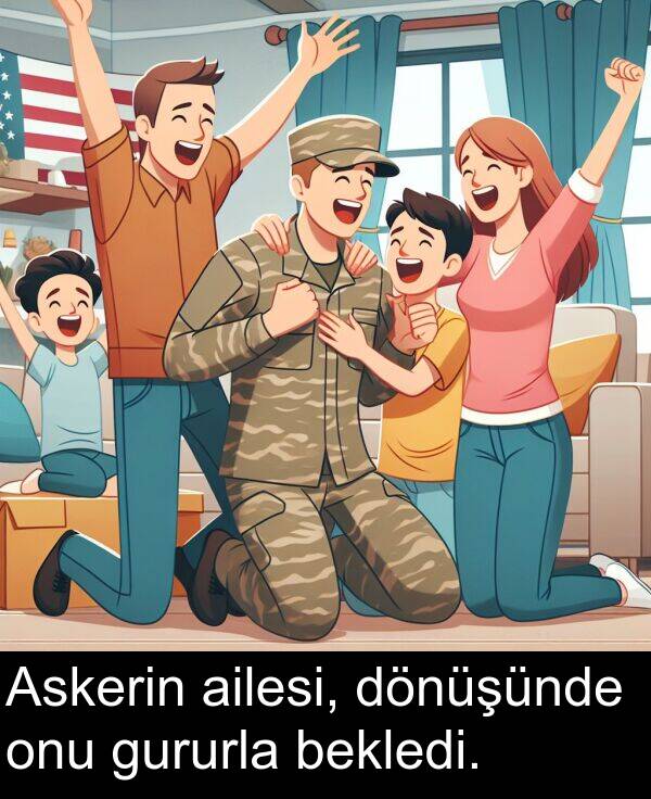 gururla: Askerin ailesi, dönüşünde onu gururla bekledi.
