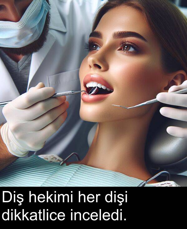 her: Diş hekimi her dişi dikkatlice inceledi.