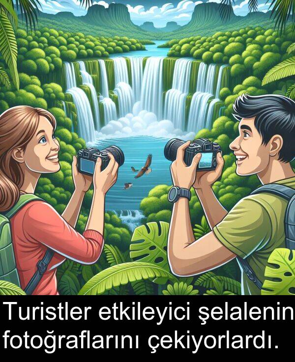 fotoğraflarını: Turistler etkileyici şelalenin fotoğraflarını çekiyorlardı.