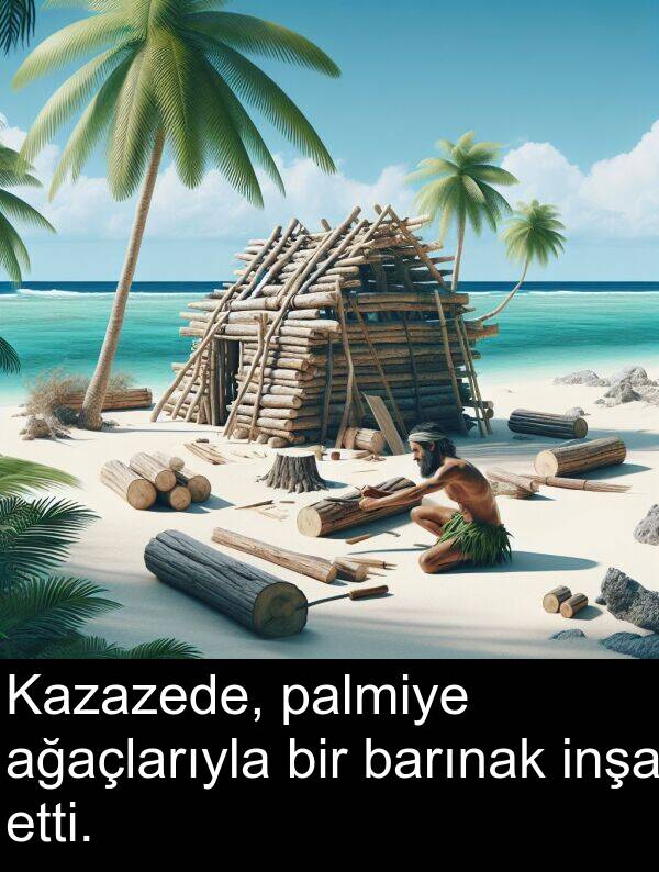 ağaçlarıyla: Kazazede, palmiye ağaçlarıyla bir barınak inşa etti.