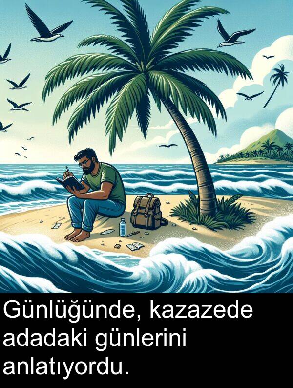 adadaki: Günlüğünde, kazazede adadaki günlerini anlatıyordu.