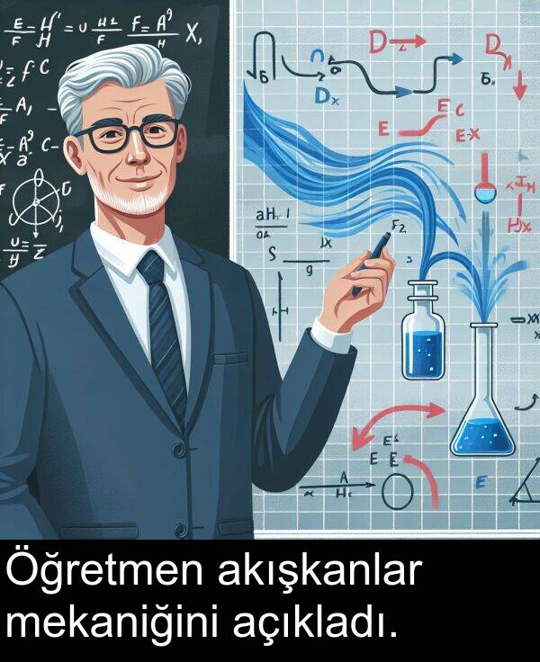 açıkladı: Öğretmen akışkanlar mekaniğini açıkladı.