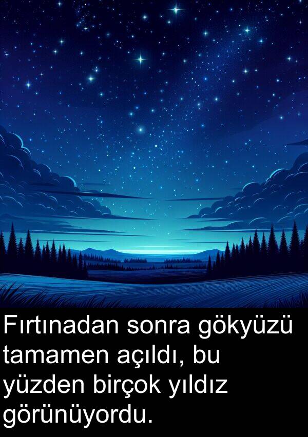 açıldı: Fırtınadan sonra gökyüzü tamamen açıldı, bu yüzden birçok yıldız görünüyordu.