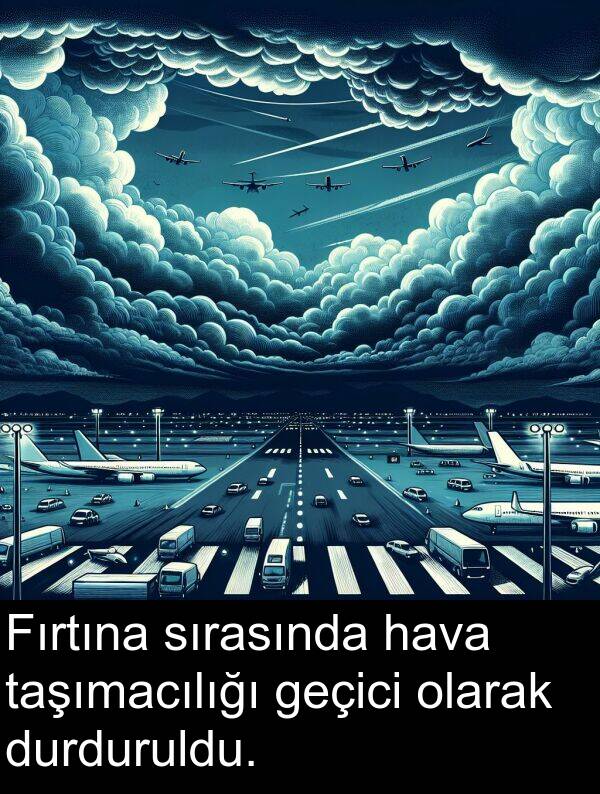 geçici: Fırtına sırasında hava taşımacılığı geçici olarak durduruldu.