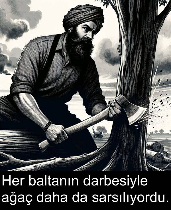 ağaç: Her baltanın darbesiyle ağaç daha da sarsılıyordu.