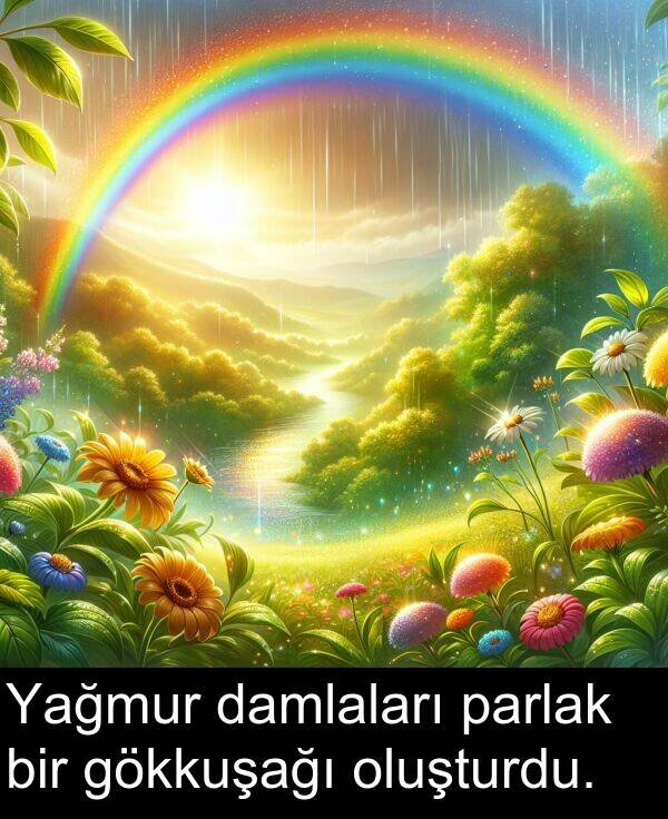 parlak: Yağmur damlaları parlak bir gökkuşağı oluşturdu.