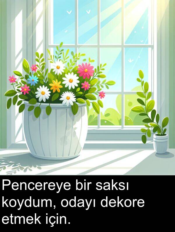 saksı: Pencereye bir saksı koydum, odayı dekore etmek için.