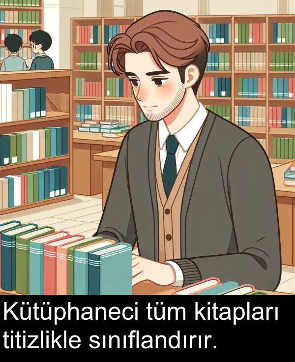 sınıflandırır: Kütüphaneci tüm kitapları titizlikle sınıflandırır.