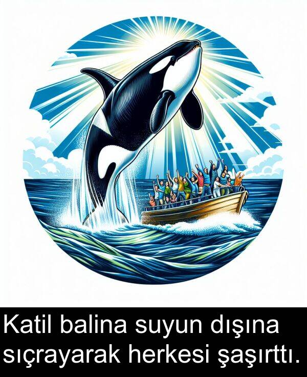 sıçrayarak: Katil balina suyun dışına sıçrayarak herkesi şaşırttı.