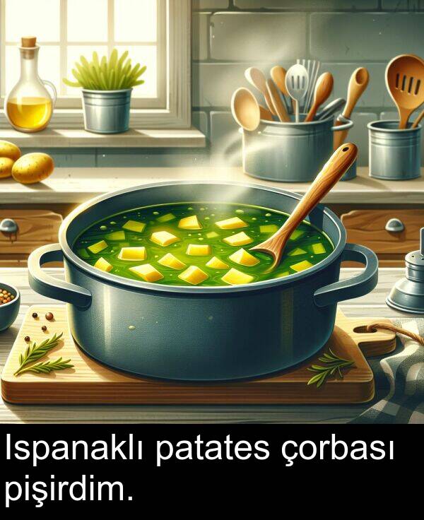 pişirdim: Ispanaklı patates çorbası pişirdim.