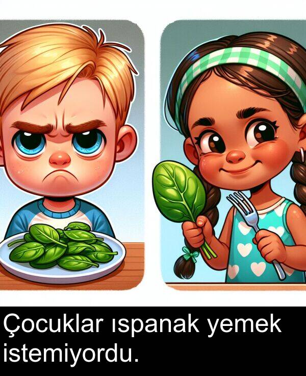 istemiyordu: Çocuklar ıspanak yemek istemiyordu.