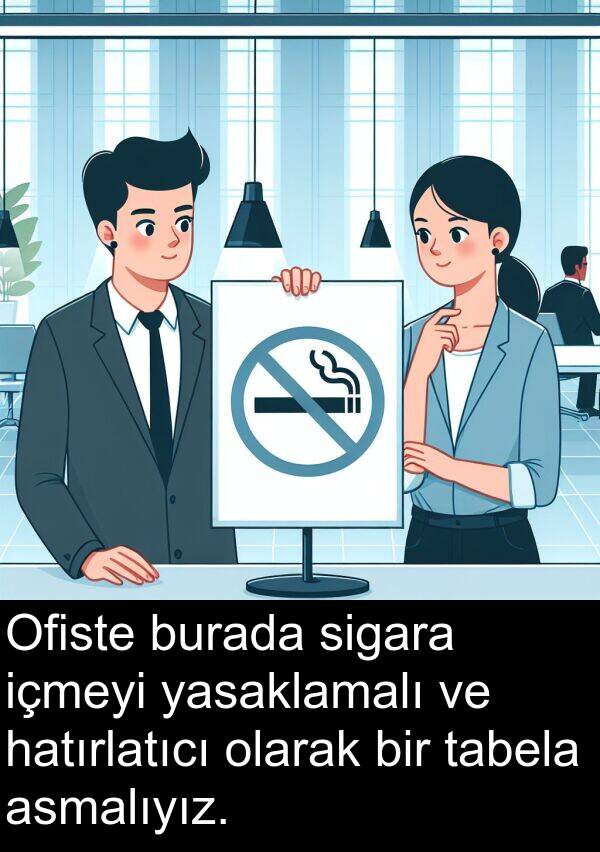 içmeyi: Ofiste burada sigara içmeyi yasaklamalı ve hatırlatıcı olarak bir tabela asmalıyız.