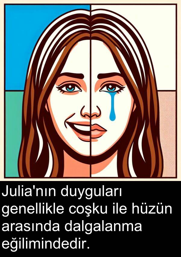 genellikle: Julia'nın duyguları genellikle coşku ile hüzün arasında dalgalanma eğilimindedir.