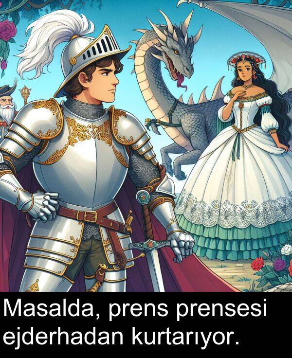 kurtarıyor: Masalda, prens prensesi ejderhadan kurtarıyor.