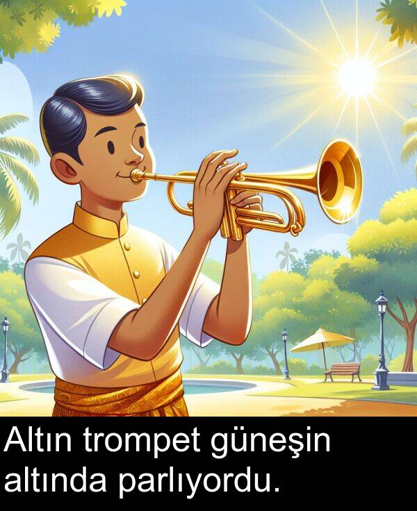 parlıyordu: Altın trompet güneşin altında parlıyordu.
