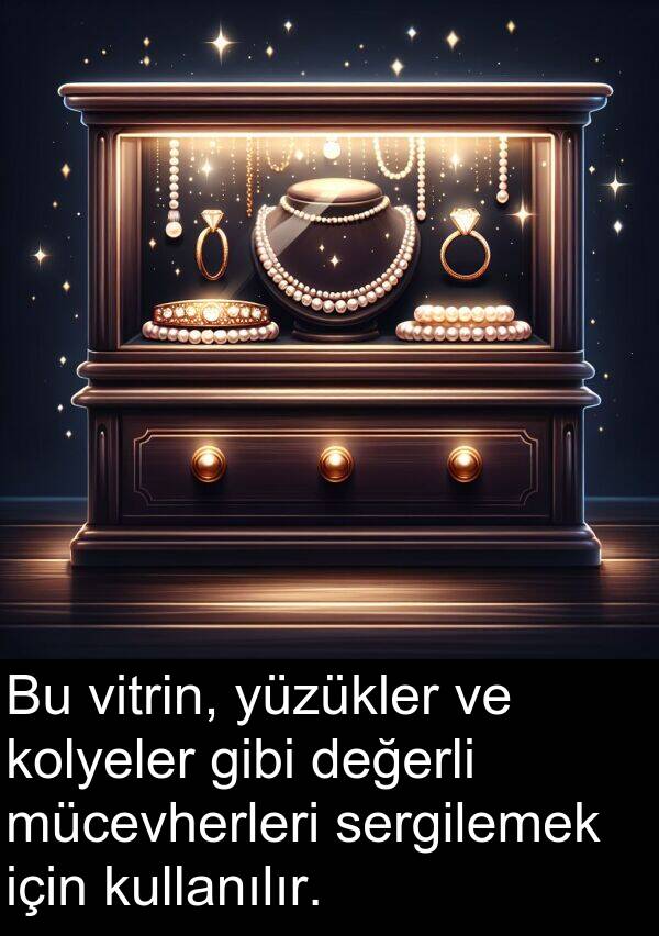 vitrin: Bu vitrin, yüzükler ve kolyeler gibi değerli mücevherleri sergilemek için kullanılır.