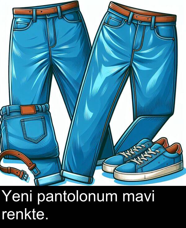 renkte: Yeni pantolonum mavi renkte.