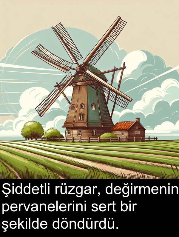pervanelerini: Şiddetli rüzgar, değirmenin pervanelerini sert bir şekilde döndürdü.
