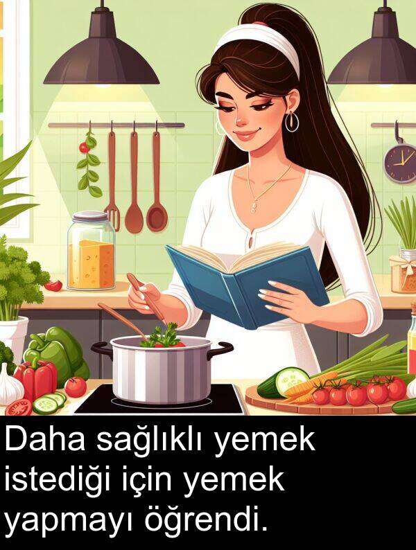 istediği: Daha sağlıklı yemek istediği için yemek yapmayı öğrendi.