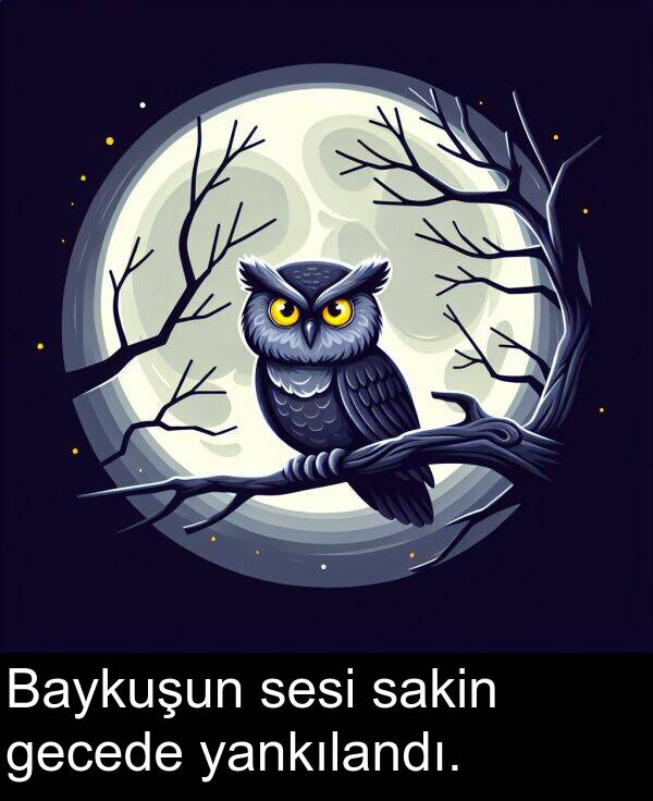 gecede: Baykuşun sesi sakin gecede yankılandı.