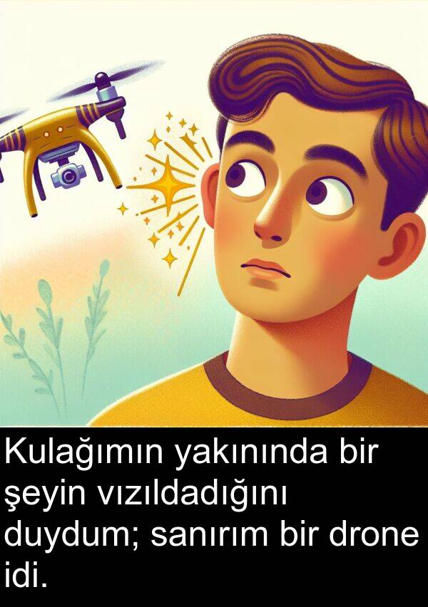 yakınında: Kulağımın yakınında bir şeyin vızıldadığını duydum; sanırım bir drone idi.
