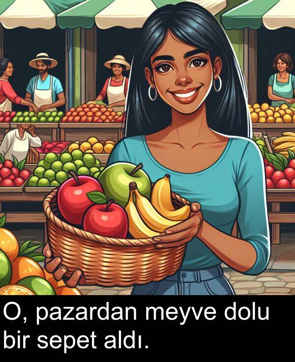sepet: O, pazardan meyve dolu bir sepet aldı.