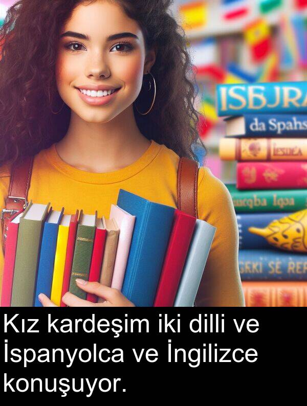 kardeşim: Kız kardeşim iki dilli ve İspanyolca ve İngilizce konuşuyor.
