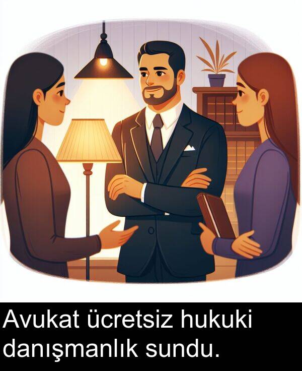 hukuki: Avukat ücretsiz hukuki danışmanlık sundu.